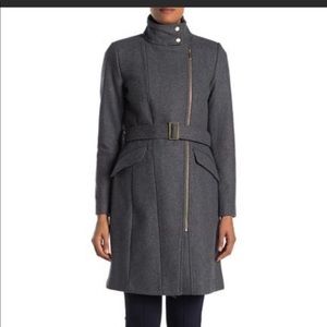 Cole Haan Charcoal Wool blend mock neck zip coat